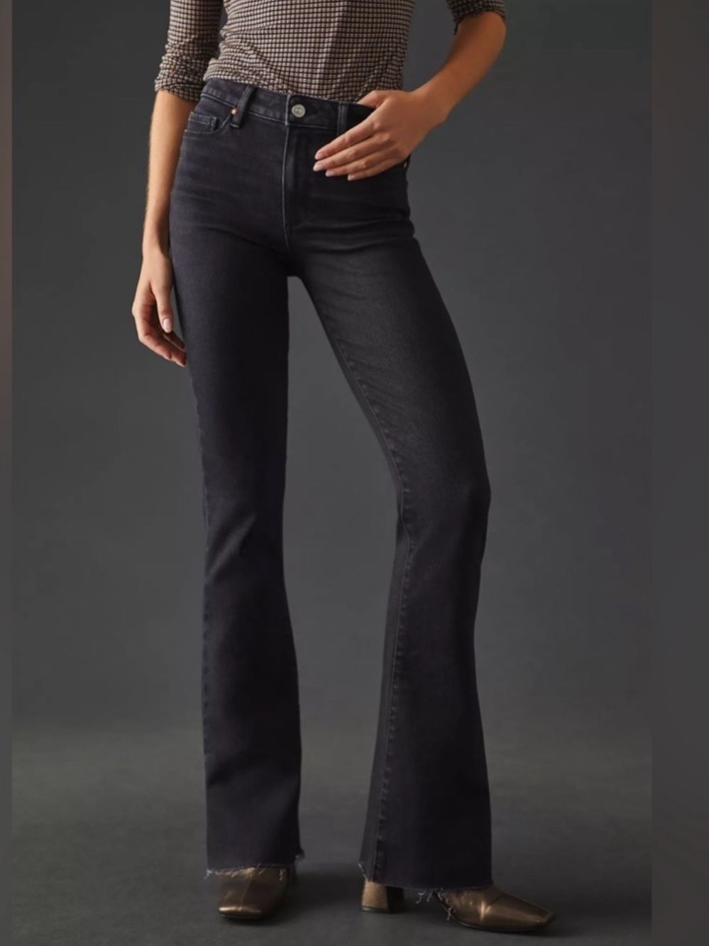 PAIGE High Rise Laurel Canyon Washed Black Subtle Flare Jeans w Raw Hem. Size 28